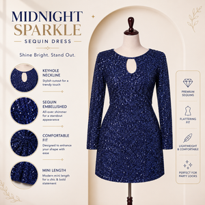 Luxury Celestial Midnight Blue <b>Sequin</b> Mini Dress for Women Elegant Keyhole Neck Long Sleeve Cocktail Party Glam Evening Clubwear - Product Image 5