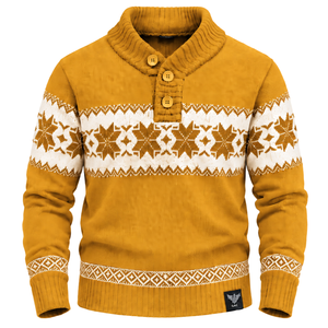 Suéter Casual para Hombre, Color Amarillo Mostaza, Diseño Fair Isle, Cuello con Botones, Manga Larga, Tejido con Patrón, Puños Acanalados, Invierno, 100% Algodón - Product Image 1