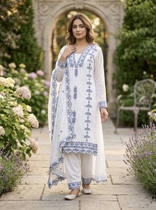 TENNECY Kurti pour femme en tissu faux georgette, style soirée, longueur cheville, coupe classique, avec broderie en fil de coton et dupatta assortie - Product Image 4