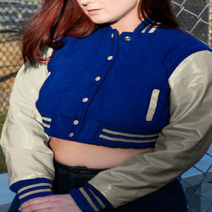 Chaqueta Corta Estilo Universitaria para Mujer, Color Azul Rey y Beige, Estilo Bomber, Mangas de Cuero Sintético, Ropa Exterior Informal, Moda Femenina - Product Image 2