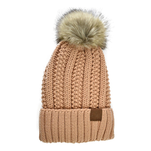 Gorro tejido a mano con pompón de piel, color sólido, informal, para invierno, para adultos, unisex, rosa beige, 56-58 cm - Product Image 1