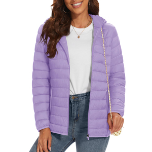 Chaqueta acolchada morada para mujer con capucha, cierre de cremallera, relleno de poliéster, para otoño e invierno, chaqueta tipo puffer para mujer - Product Image 5