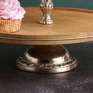 Support à gâteau rustique en bois à 2 niveaux avec pilier en métal argenté, plateau de service à étages pour pâtisseries et amuse-gueules, décoration de table de luxe - Product Image 5