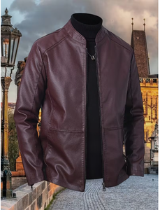 TRIBON SPORTS <b>Men's</b> Brown Cowhide <b>Leather</b> Bomber <b>Jacket</b> Stand Collar Zipper Closure Slim Fit Regular Sleeve Solid Color - Product Image 6