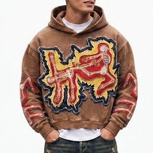 Sweat-shirt à capuche surdimensionné pour homme, le plus demandé, avec imprimé floqué squelette, en molleton de coton marron, style streetwear, pour l'automne - Product Image 4