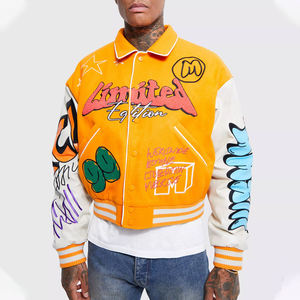 แจ็คเก็ตวาร์ซิตี้วินเทจแบบกำหนดเองสำหรับผู้ชาย คอตั้ง ปักลายโซ่ แขนหนัง - Product Image 5