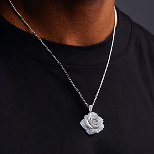Luxury Diamond Rose Pendant Necklace 925 <b>Silver</b> Rhodium Plated <b>Box</b> <b>Chain</b> Unisex Gift Jewelry - Product Image 3