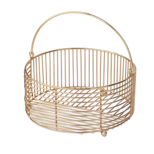 Round Metal Gold Plated Decorative <b>Wire</b> <b>Basket</b> Diwali Gift Hamper Storage Fruit Vegetable Organizer With Handle - Product Image 1