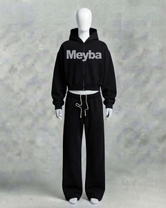 Unisex 2 in 1 <b>Cropped</b> <b>Zip</b> <b>up</b> Hoodie and Wide Leg Fleece Sweatpants Set Oversized Casual Streetwear Matching Two Piece Tracksuit - Product Image 4