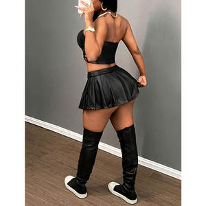 Mini-jupe plissée taille haute en similicuir pour femme, coupe trapèze, personnalisable, OEM ODM, la plus vendue - Product Image 3