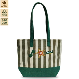 Custom Logo Embroidered Striped 12 Oz Recycled Cotton <b>Canvas</b> Jute Beach Tote Bag Zipper Wholesale OEM Private Label Manufacturer - Product Image 1