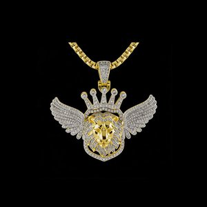 Collier pendentif tête de lion plaqué or avec ailes et couronne pour homme, bijoux hip-hop en zircon cubique - Product Image 1
