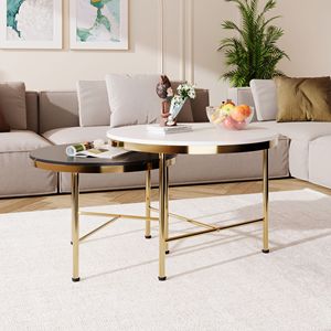 Set di Tavolini da Caffè Moderni a 2 Pezzi, Nero e Bianco, con Piano in Pietra Sinterizzata e Base Dorata, Misure 60 cm e 45 cm - Product Image 2