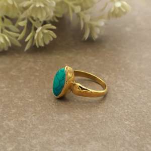 Handcrafted Marquise Turquoise Bezel Setting <b>Ring</b> 14k Gold Plated Brass Boho Statement Jewelry Unisex Daily Wear - Product Image 4