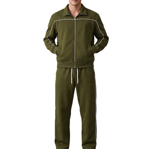 Survêtement vert olive pour homme, coupe classique, couleur unie, fermeture éclair, poches latérales, tenue décontractée pour l'automne - Product Image 1