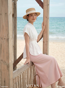 Women's White Mandarin Collar <b>Linen</b> Blouse Cap Sleeve Peplum <b>Top</b> Breathable Spring Summer Minimalist Style VENUS - Product Image 3