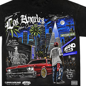 Camiseta Negra de Manga Corta para Hombre con Estampado de la Ciudad de Los Ángeles, Corte Regular, Cuello Redondo, Estilo Urbano, Tela Jersey - Product Image 5