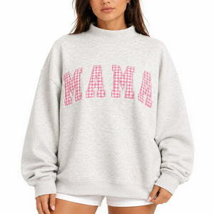 Sudadera Roja Extra Grande para Mujer con Cuello Redondo y Estampado de MAMA a Cuadros Rosa, Hombros Caídos, Manga Larga, Tejida, Ropa Casual de Otoño - Product Image 5