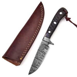 Custom Handmade Hunting Knife with <b>Fire</b> Pattern Damascus Steel Blade and Horn Handle 8-Inch Overall Length with Leather Sheath - Product Image 1