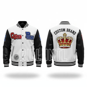 Veste universitaire blanche en PU pour homme, personnalisable avec couronne et lettrage brodés, style preppy, idéale pour l'automne - Product Image 1