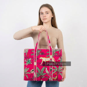 Bolso Tote de Algodón Acolchado Rosa con Estampado de Leopardo de la Selva, Bolso de Hombro de Gran Capacidad para Viaje, Estilo Boho Indio con Cierre - Product Image 2