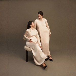 Vestidos Midi Elegantes de Cintura Holgada, Manga Regular, Cuello Alto, Mezcla de Seda Tejida, Rayas Transpirables, para Uso Diario, ODM OEM - Product Image 1