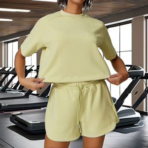 Women's Solid Crew Neck T-Shirt & Shorts 2-Piece Set Breathable Four-Way Stretch Yoga Workout Wear - Product Image 2