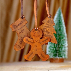 Custom Engraved Leather <b>Christmas</b> Ornaments Featuring Family Name & Festive Shapes With Leather Hanging Straps For Holiday Decor - Product Image 3