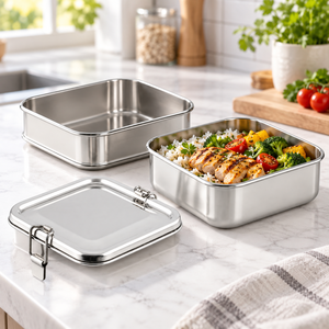 Boîte à lunch carrée en acier inoxydable, conteneur alimentaire anti-fuite avec couvercle pour l'école et le bureau - Product Image 4