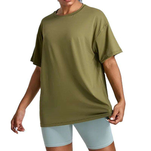 เสื้อยืดคอกลมโอเวอร์ไซส์สำหรับผู้หญิง สีเขียวมะกอก แห้งเร็ว ทรงหลวม แขนสั้น ผ้าเจอร์ซีย์ถัก ใส่ได้ทั้งฤดูใบไม้ผลิและฤดูร้อน - Product Image 1