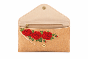 Elegante Bolso de Mano Tipo Sobre de Yute con Bordado de Rosa Roja, Ecológico, para la Noche, para Mujer - Product Image 3