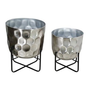 Ensemble de 2 pots de fleurs de qualité standard, pour balcon, jardin, maison, design martelé, en fer, métal, noir, avec support - Product Image 1