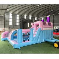 Château gonflable commercial 6M rose et bleu avec toboggan, zone de saut et piscine aquatique pour fêtes d'enfants en extérieur
