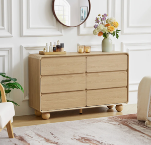 Nouvelle arrivée : Commode minimaliste en bois clair à 6 tiroirs, OEM, meuble de rangement moderne incurvé pour chambre, hôtel, maison et bureau. - Product Image 5