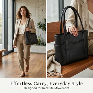 Women Genuine Leather Solid Tote Bag <b>Large</b> Shoulder Handbag with Multiple Pockets Cotton Lining Zipper Laptop Travel <b>Purse</b> - Product Image 2