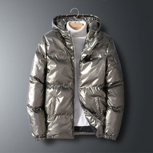 Men's Blue Puffer Jacket <b>Winter</b> Windproof Casual Solid Color Zipper Closure Hooded Regular Length Standard Breathable <b>Fleece</b> - Product Image 4