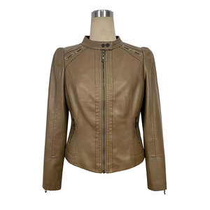 Women's Genuine Leather Moto <b>Jacket</b> Solid Color Full Sleeve Zipper Closure Stand Collar Regular Length Autumn Style - Product Image 1