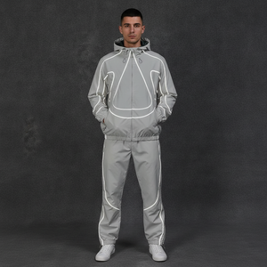 Survêtement unisexe gris uni réfléchissant, coupe-vent à capuche avec fermeture éclair, manches longues, poches latérales, léger - Product Image 1