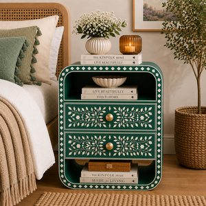 Bohemian Style Resin Bone Inlay Nightstand With Drawers & Shelf Cabinet <b>Bedside</b> End <b>Table</b> For Bedroom Hotel Luxe Accent Cabinet - Product Image 2