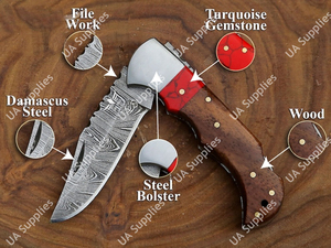 Couteau pliant industriel de qualité supérieure en acier Damas forgé à la main, lame pointue, manche en bois de rose et pierre précieuse rouge, couteau torsadé, le plus vendu - Product Image 5