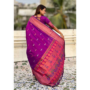 Sari Tradicional Paithani de Seda Morada Elite Weaves, 650g, Tejido Doble Zari, Ropa India y Pakistaní - Product Image 4