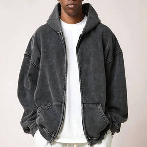 Sweat à capuche tendance délavé à l'acide avec fermeture éclair, style urbain, en molleton bouclé avec poches kangourou, respirant et coupe-vent 2026 - Product Image 2