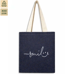 กระเป๋าโท้ทดีไซน์เองขายส่ง ผ้าเดนิม 400 GSM พิมพ์ลายยาง กระเป๋าช้อปปิ้งสำหรับโปรโมชั่น หูหิ้วผ้าคอตตอน รับผลิตแบบ OEM แบรนด์ส่วนตัว - Product Image 1