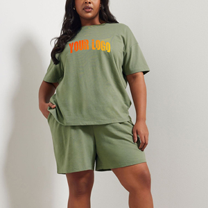 Ensemble décontracté d'été 2 pièces en coton 100% pour femme : T-shirt et short, avec logos personnalisés imprimés, broderies unies et dentelle de haute qualité - Product Image 1