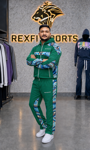 REXFIT SPORTS 2026 Custom <b>Men</b>’s Green Hooded Tracksuit Set Full Zip <b>Jacket</b> and Pants Printed Panels Custom Sportswear - Product Image 3