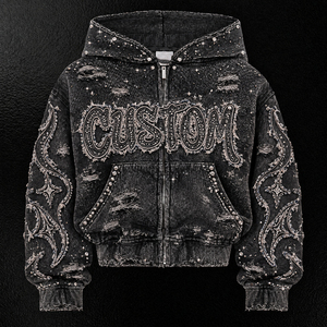Men's Washed Distressed Rhinestone Zip Up Hoodie Letter Baroque <b>Y2K</b> Gothic Hip Hop <b>Streetwear</b> Sweatshirt - Product Image 2