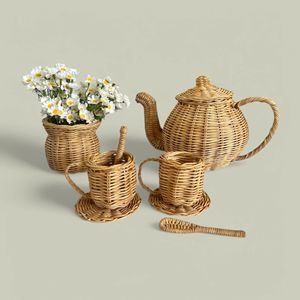 Juego de juguetes de mimbre para fiesta de té para niñas pequeñas, niños, juego de simulación, taza de té, tetera, platos, juguetes de ratán - Product Image 2