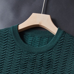 Custom Logo Front Printed O-Neck Short Sleeve Knit <b>Wool</b>/Nylon Casual Elastic Breathable Regular Fit Men's Sweater - Product Image 3