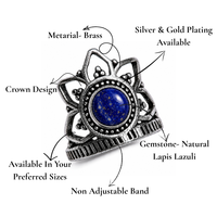 Bague Couronne Bleu Roi Lapis Lazuli Faite à la Main, Bijou Lotus pour Femme, Plaqué Or/Argent, Style Bohème, Cadeau Anniversaire Mariage