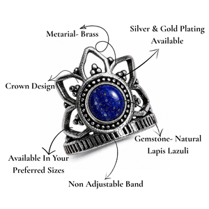 Bague Couronne Bleu Roi Lapis Lazuli Faite à la Main, Bijou Lotus pour Femme, Plaqué Or/Argent, Style Bohème, Cadeau Anniversaire Mariage - Product Image 2